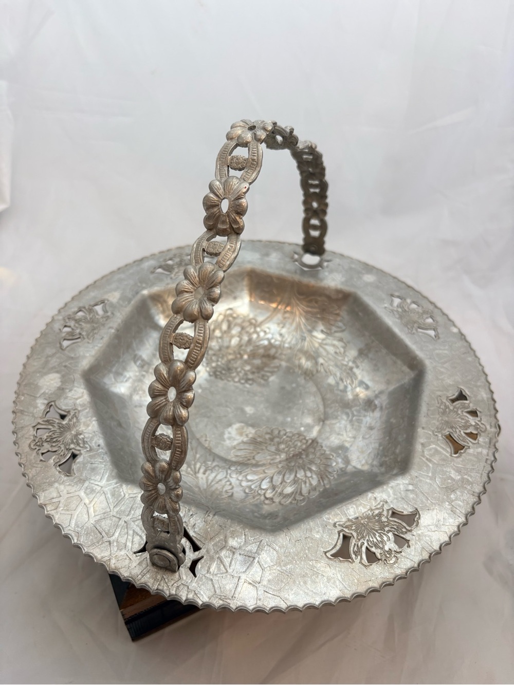 Silver Hammered Aluminum Basket with Floral Handle - Vintage Cottagecore Decor